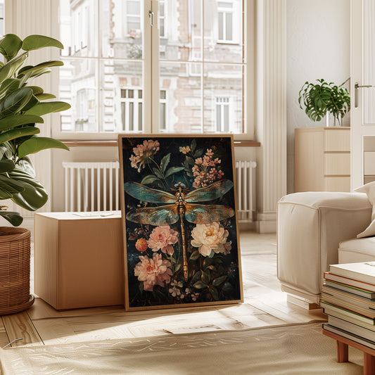 Golden Dragonfly: Dark Floral Baroque Canvas Wall Art