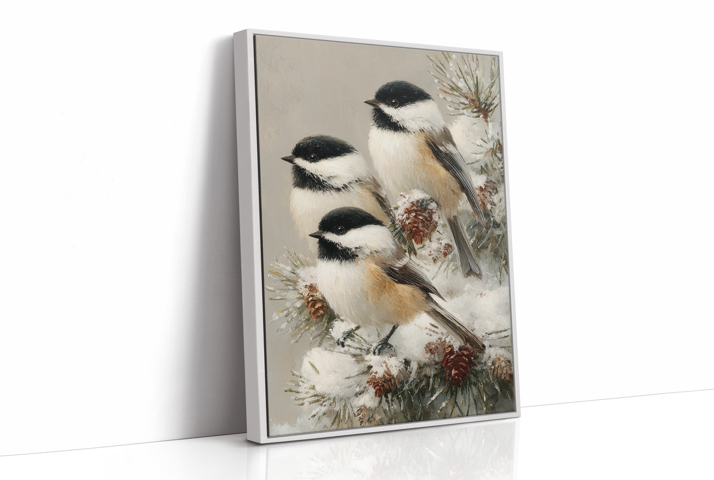 Chickadees on Frosted Pine