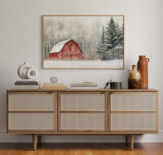 Red Barn Sleeps Among Winter Birch
