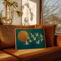 Cranes Dance Against Golden Moon