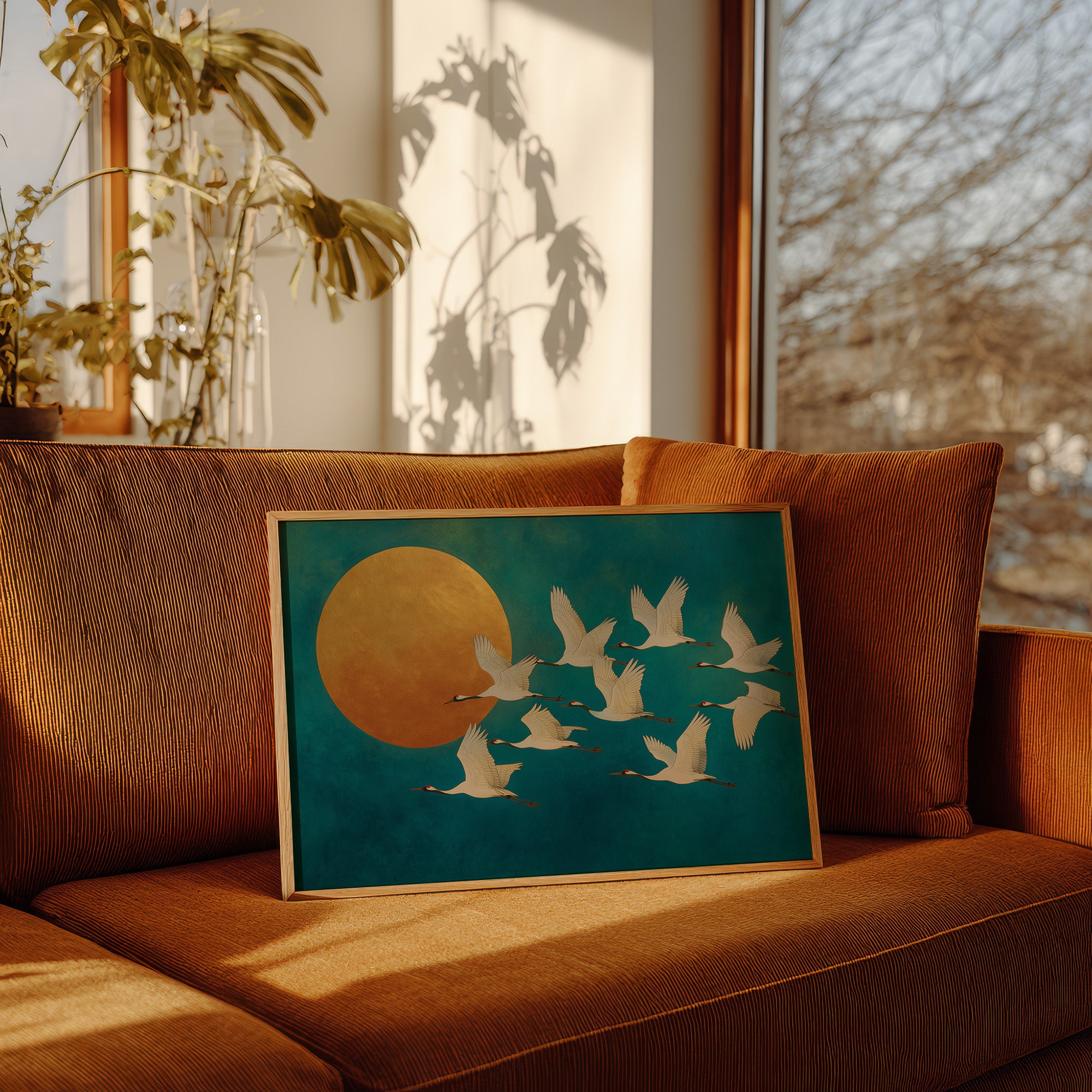 Cranes Dance Against Golden Moon