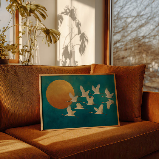 Cranes Dance Against Golden Moon