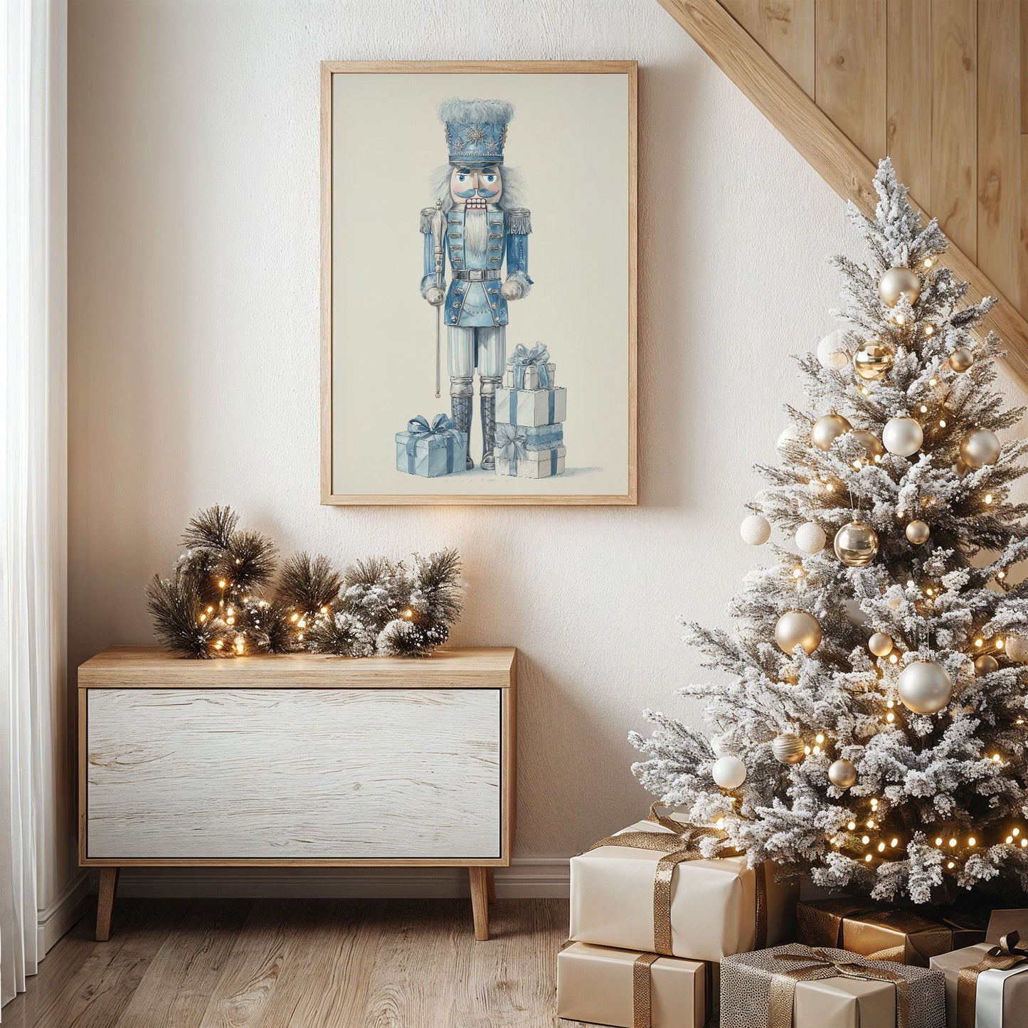 Blue Nutcracker Guards Winter's Treasures