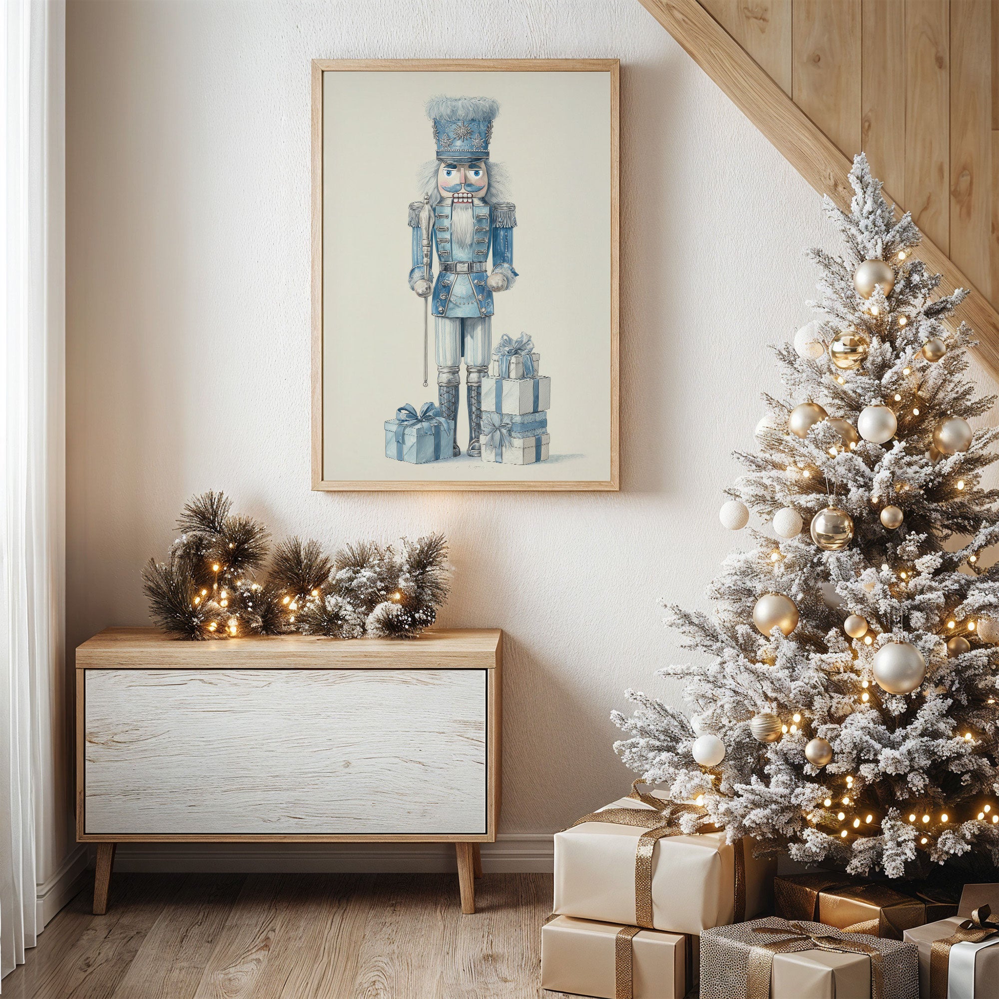 Blue Nutcracker Guards Winter's Treasures
