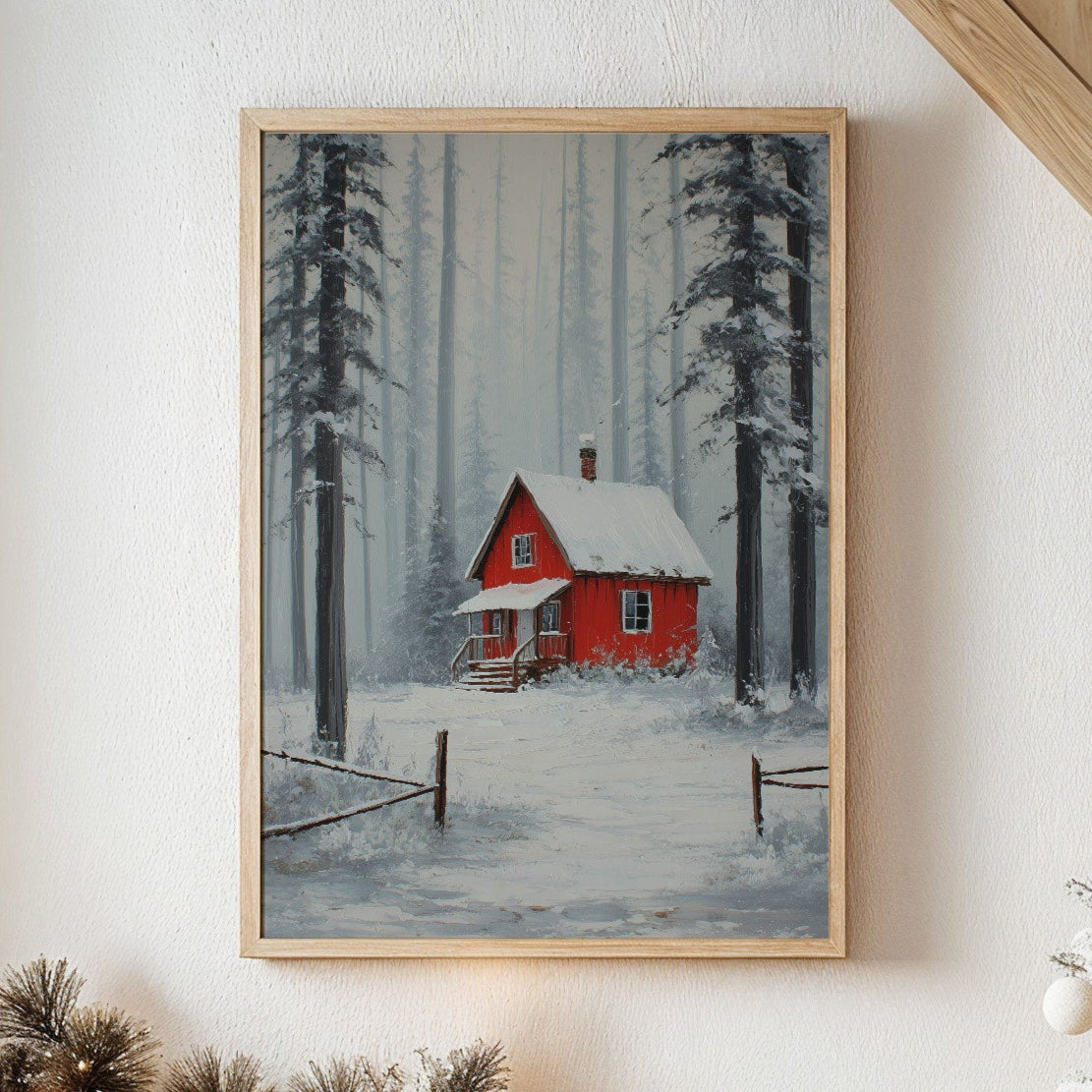 Red Cabin Sleeps In Winter Woods