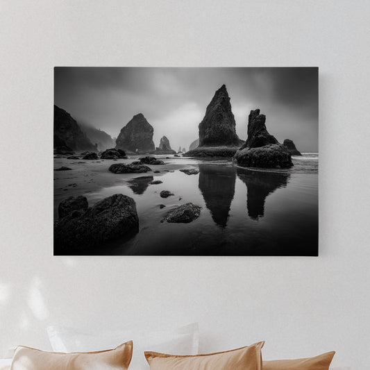 Black and white landscape of rocky beach in a bedroom with beige pillows and a lamp.