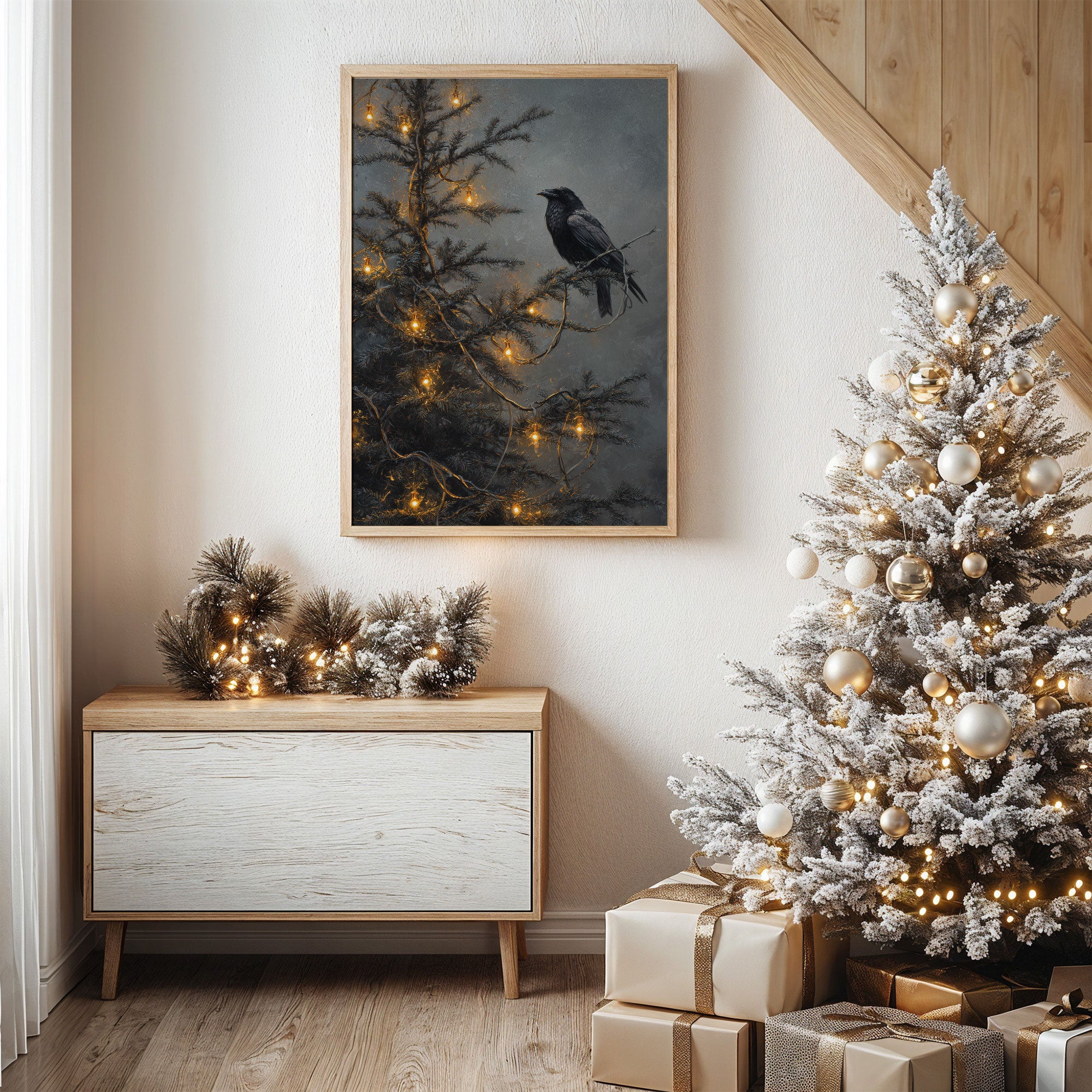 Raven Perches Among Winter Lights