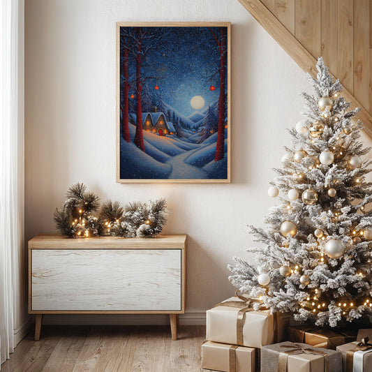Moonlit Cabins Between Winter Pines