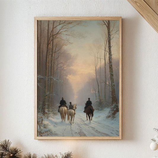 Winter Riders Through Misty Forest