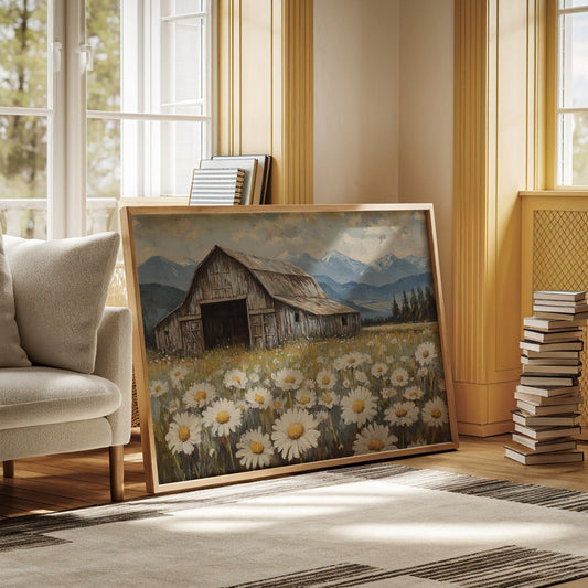 Rustic Barn Wall Art – Wildflower Meadow Print, Country Farmhouse Decor, Vintage Landscape Painting