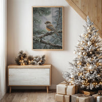 Winter Songbird Perches Among Pines