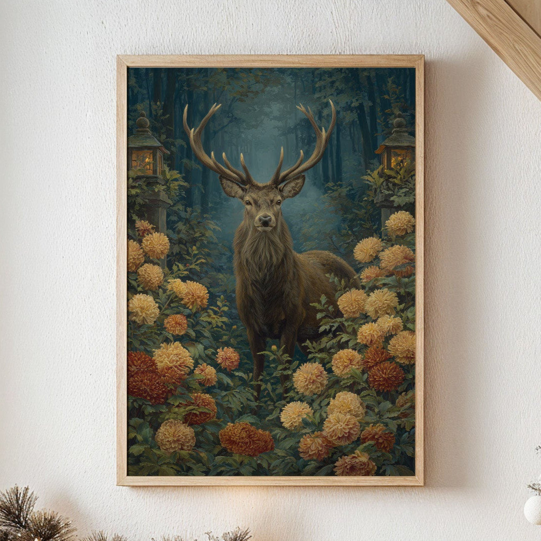 Stag Among Golden Chrysanthemums Glows