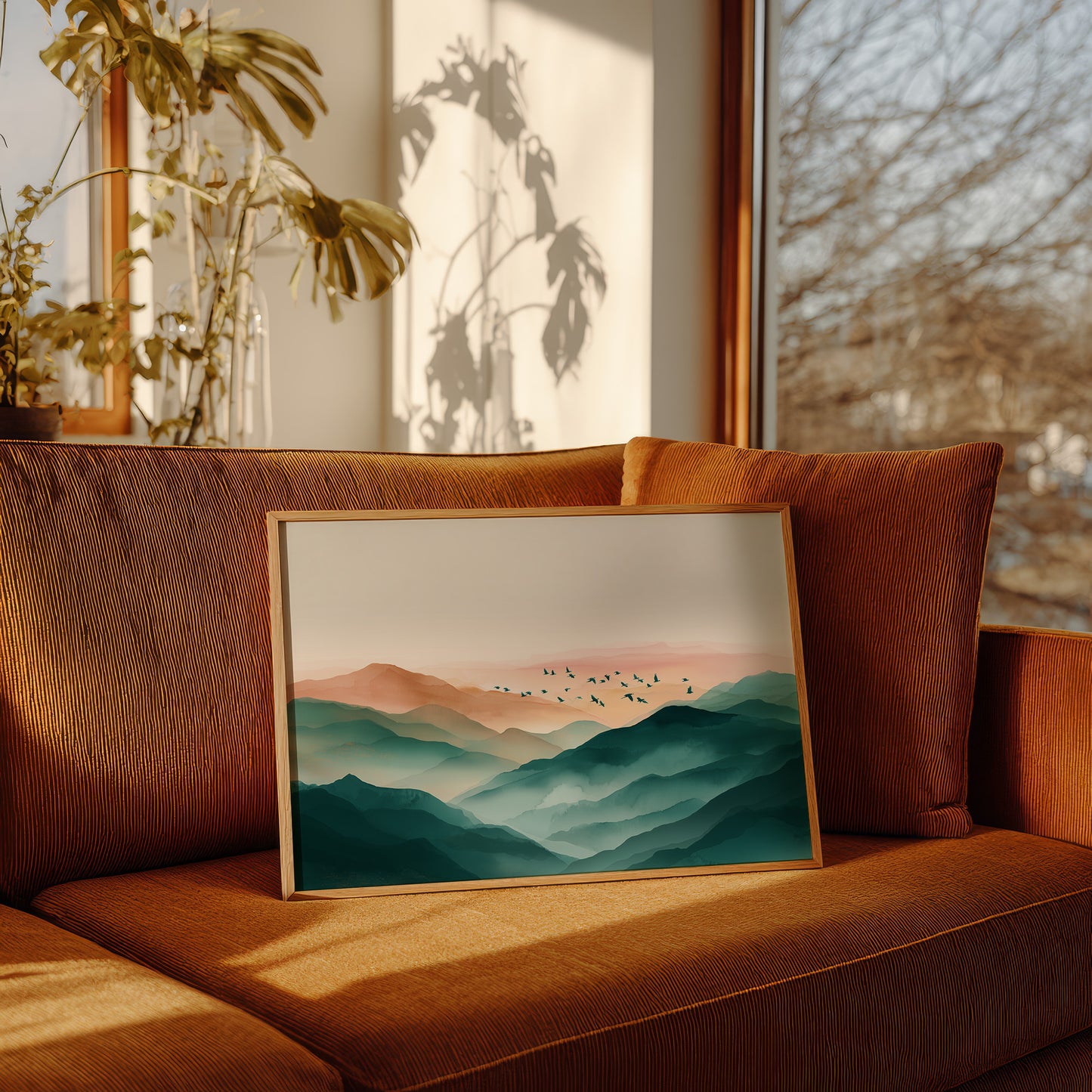 Birds Soar Above Misty Peaks