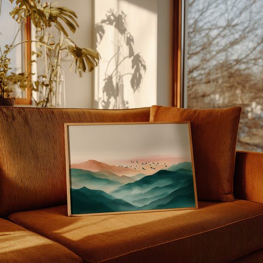 Birds Soar Above Misty Peaks