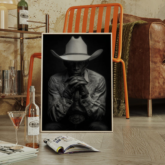 Framed black and white portrait of a person wearing a cowboy hat in a room with a bar and leather couch.