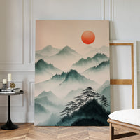 Misty Mountain Sunrise – Tranquil Asian-Inspired Landscape Print