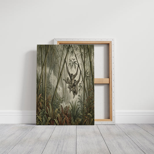 Gibbons Swinging Through Bamboo