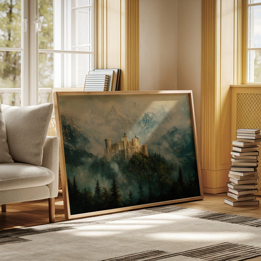 Misty Mountain Castle: Ethereal Fantasy Landscape Canvas Wall Art