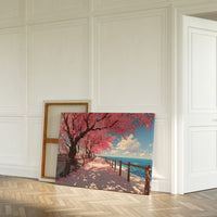 Cherry Blossoms Dance Above Ocean Paths