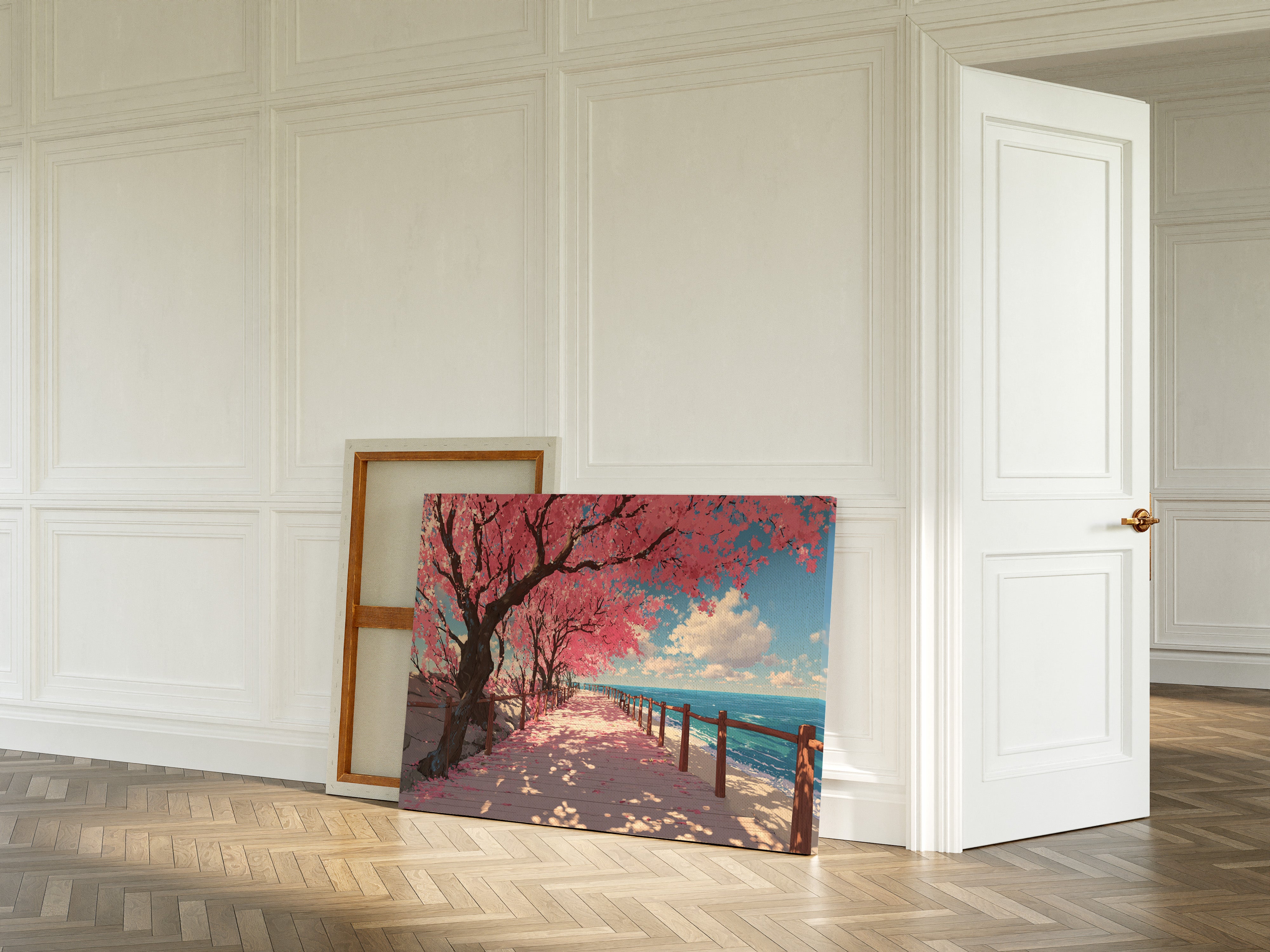 Cherry Blossoms Dance Above Ocean Paths