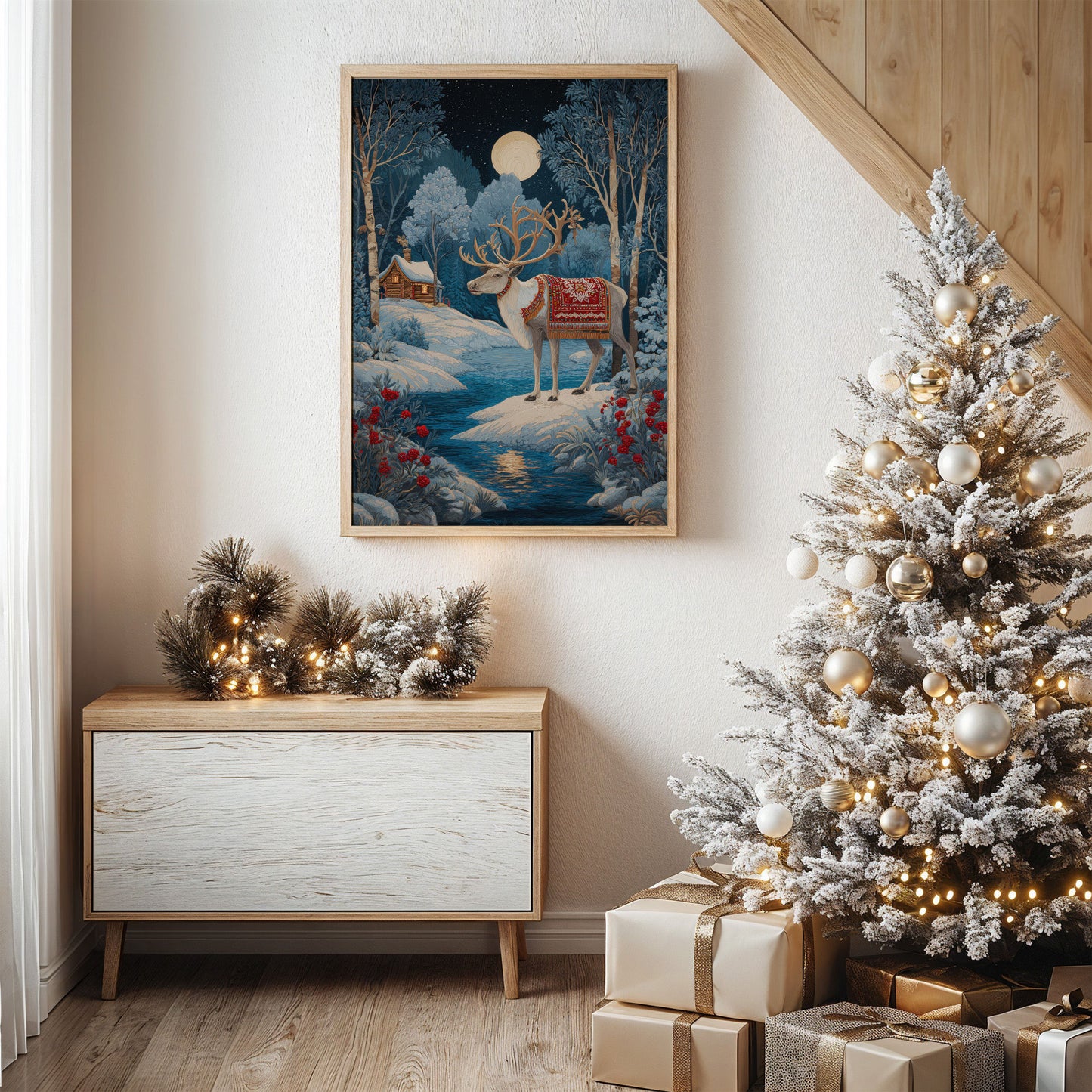 Moonlit Reindeer's Winter Tale Unfolds
