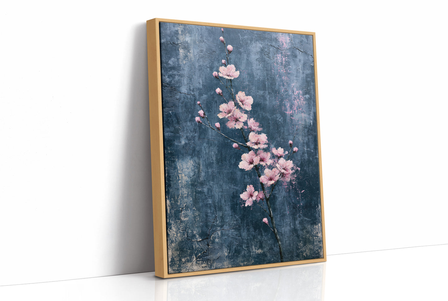Pink Blossoms on Weathered Denim Blue
