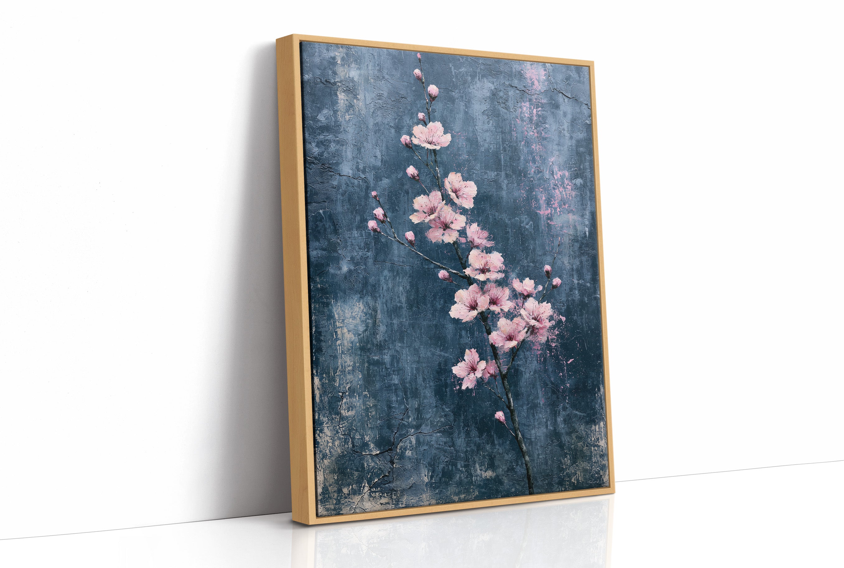 Pink Blossoms on Weathered Denim Blue