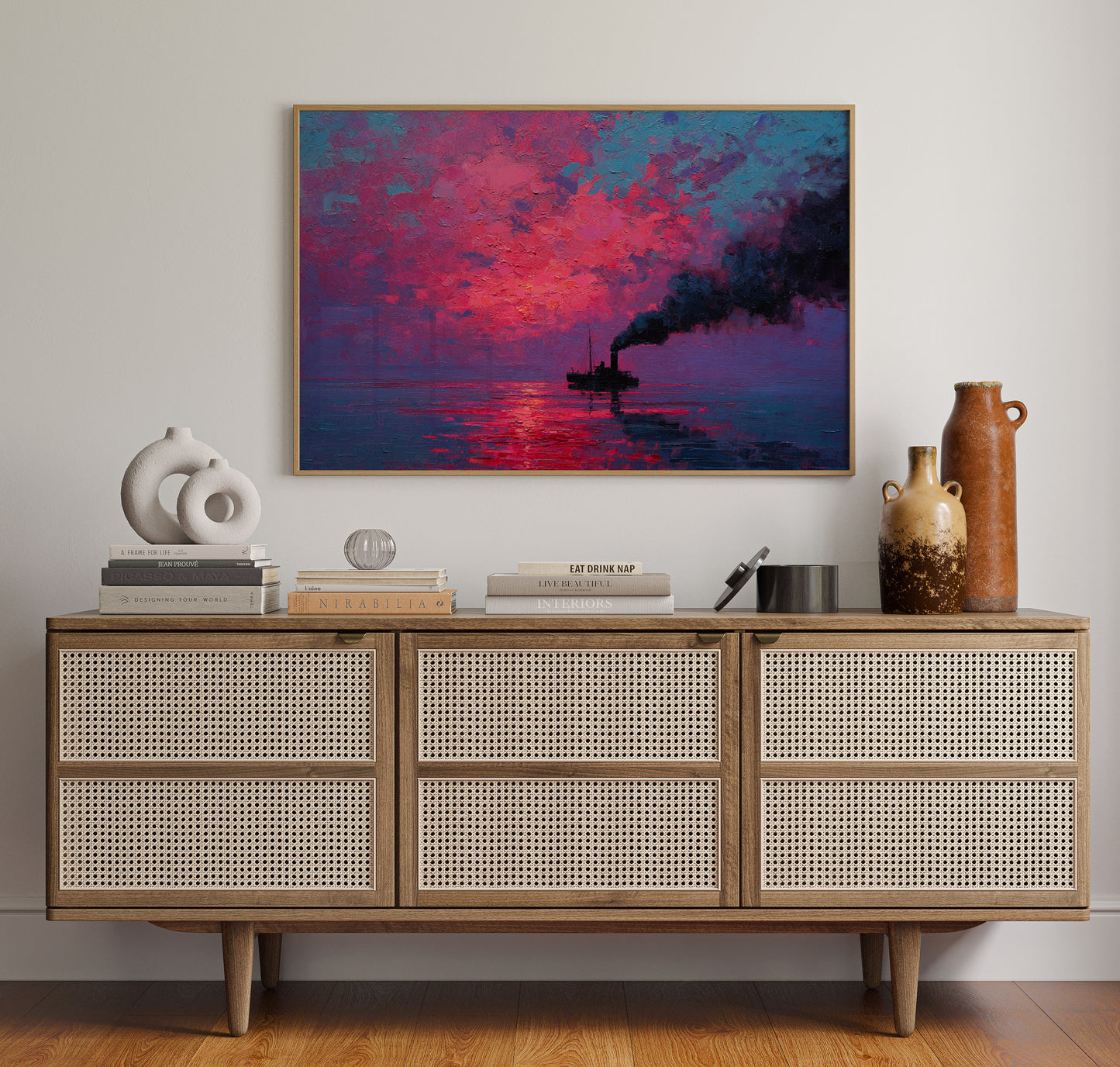 Steamship Sails Through Crimson Dawn