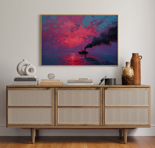Steamship Sails Through Crimson Dawn