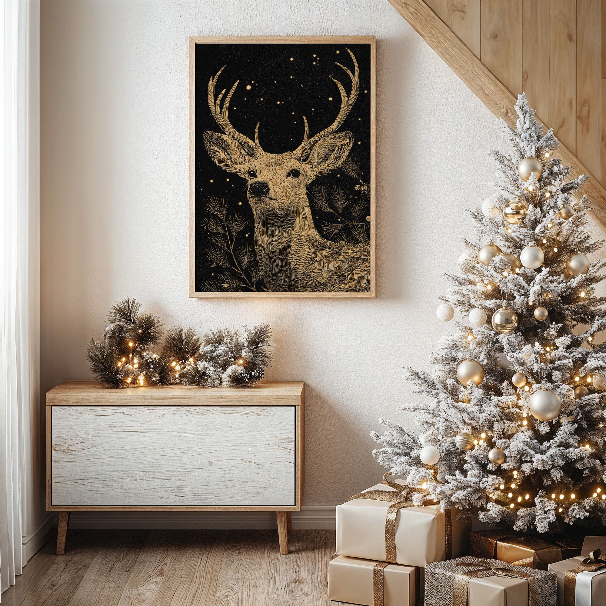 Starlit Stag Among Pine Branches