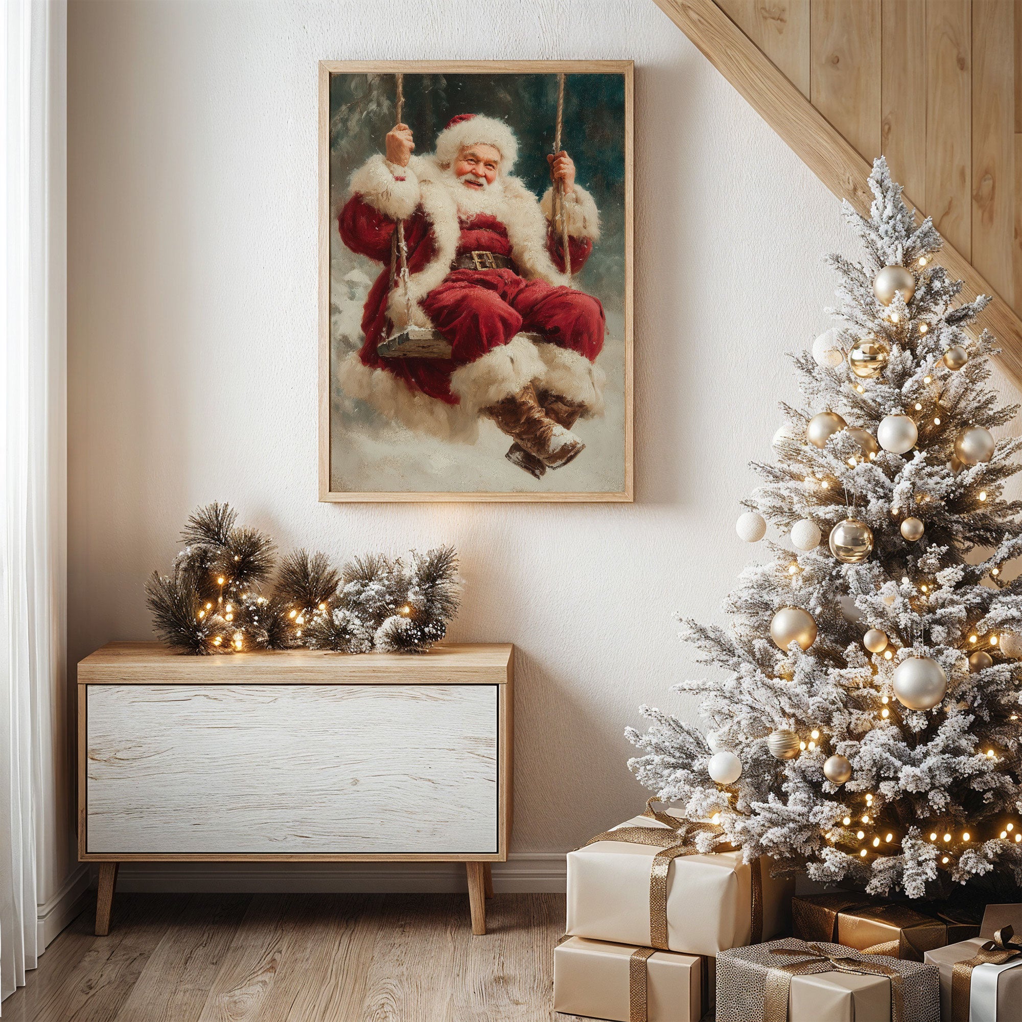 Winter Joy On A Wooden Swing