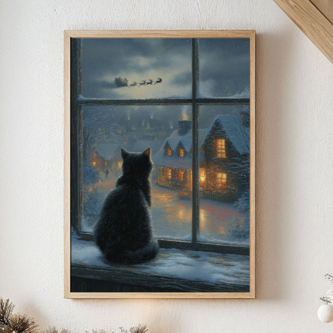 Black Cat Watches Santa's Flight