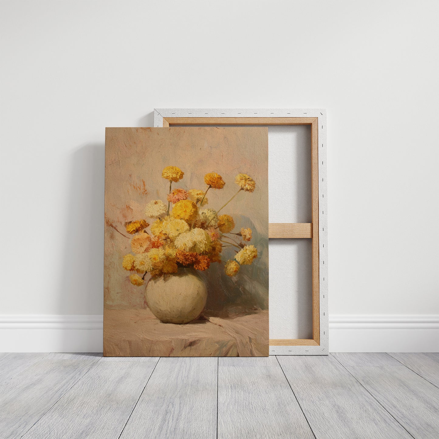 Sunlit Chrysanthemums in Cream Pottery
