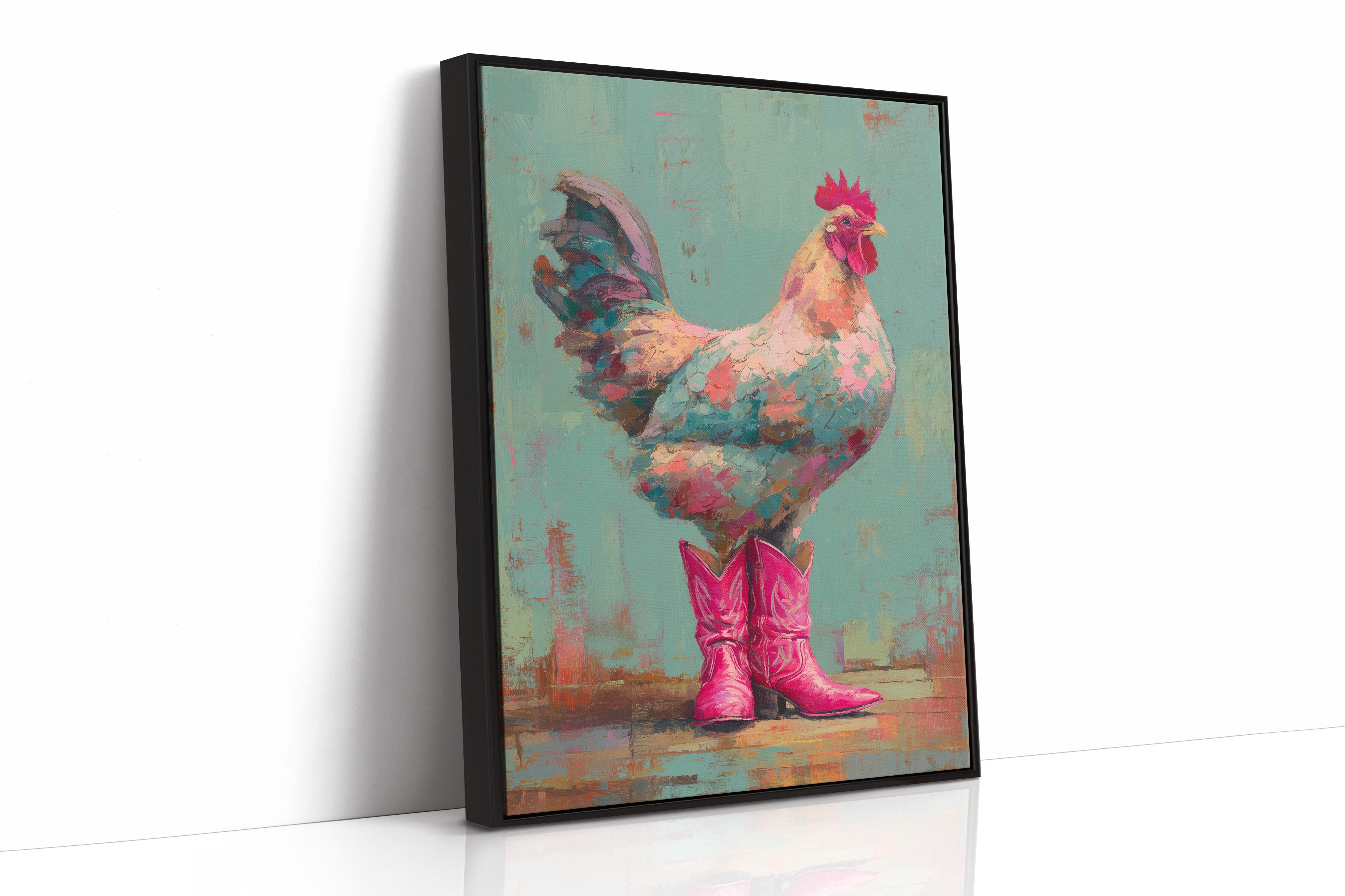 Rooster Struts In Pink Boots