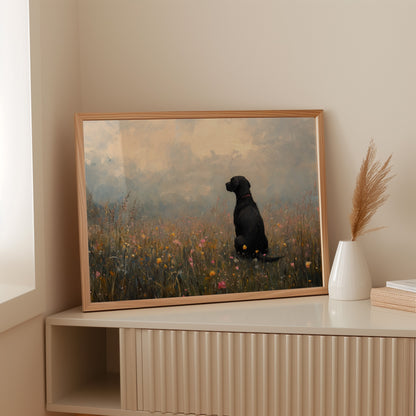 Serene Black Lab in Wildflowers – Rustic Dog Art Print