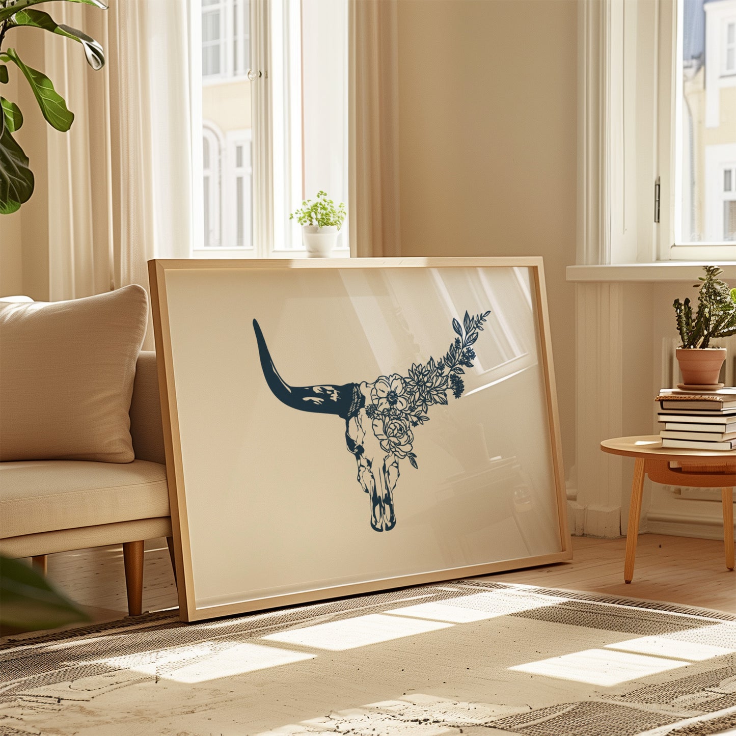 Floral Longhorn Skull Wall Art – Western Boho Cow Skull Print