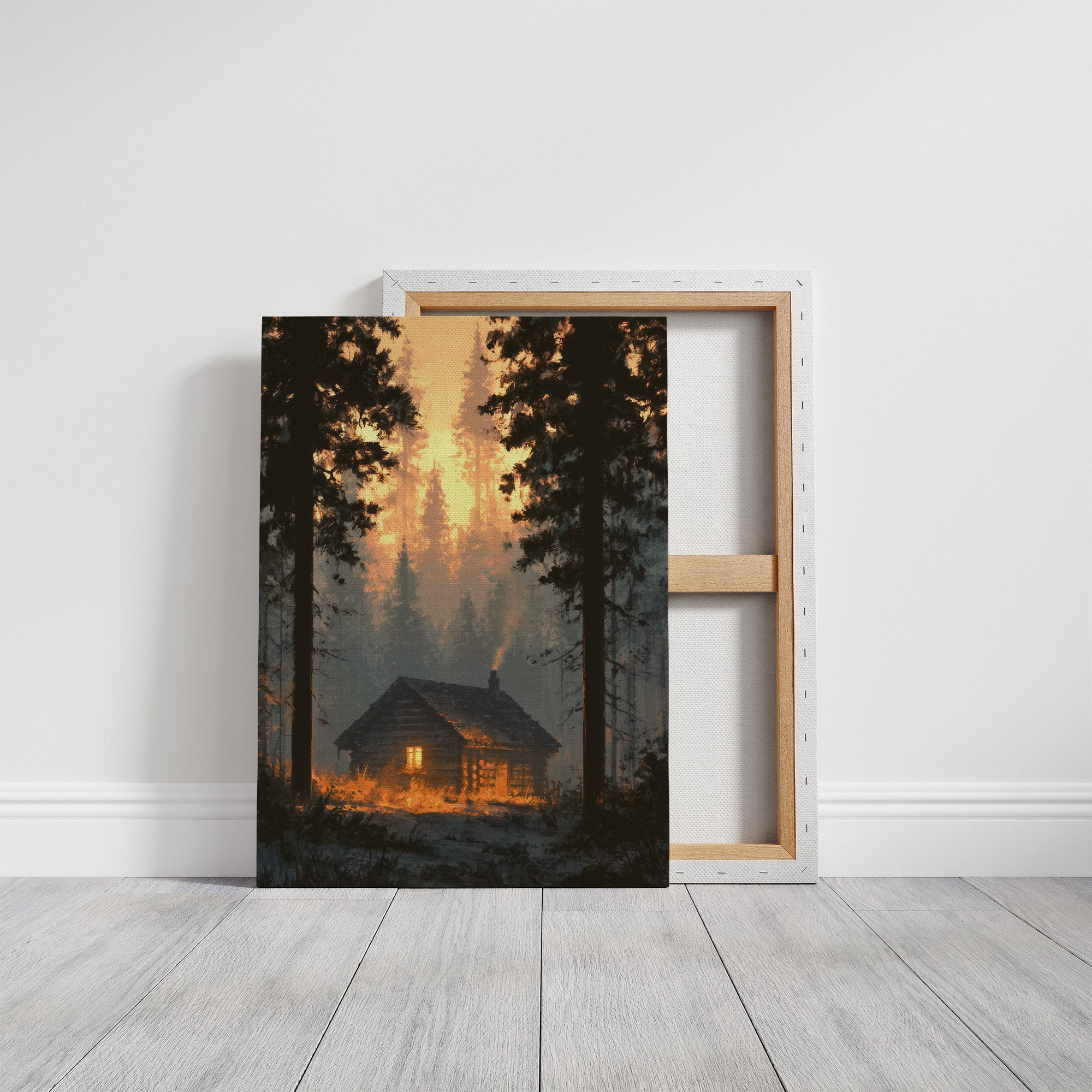 Cabin Glowing In Forest Fire Light