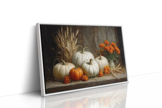 White Pumpkins Among Marigold Flames