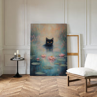 Mystical Black Cat in Water – Dreamy Water Lily Painting