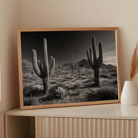 Framed black and white photograph of cacti on a shelf with decorative items.