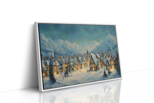 Winter Village Glows Under Mountain Stars