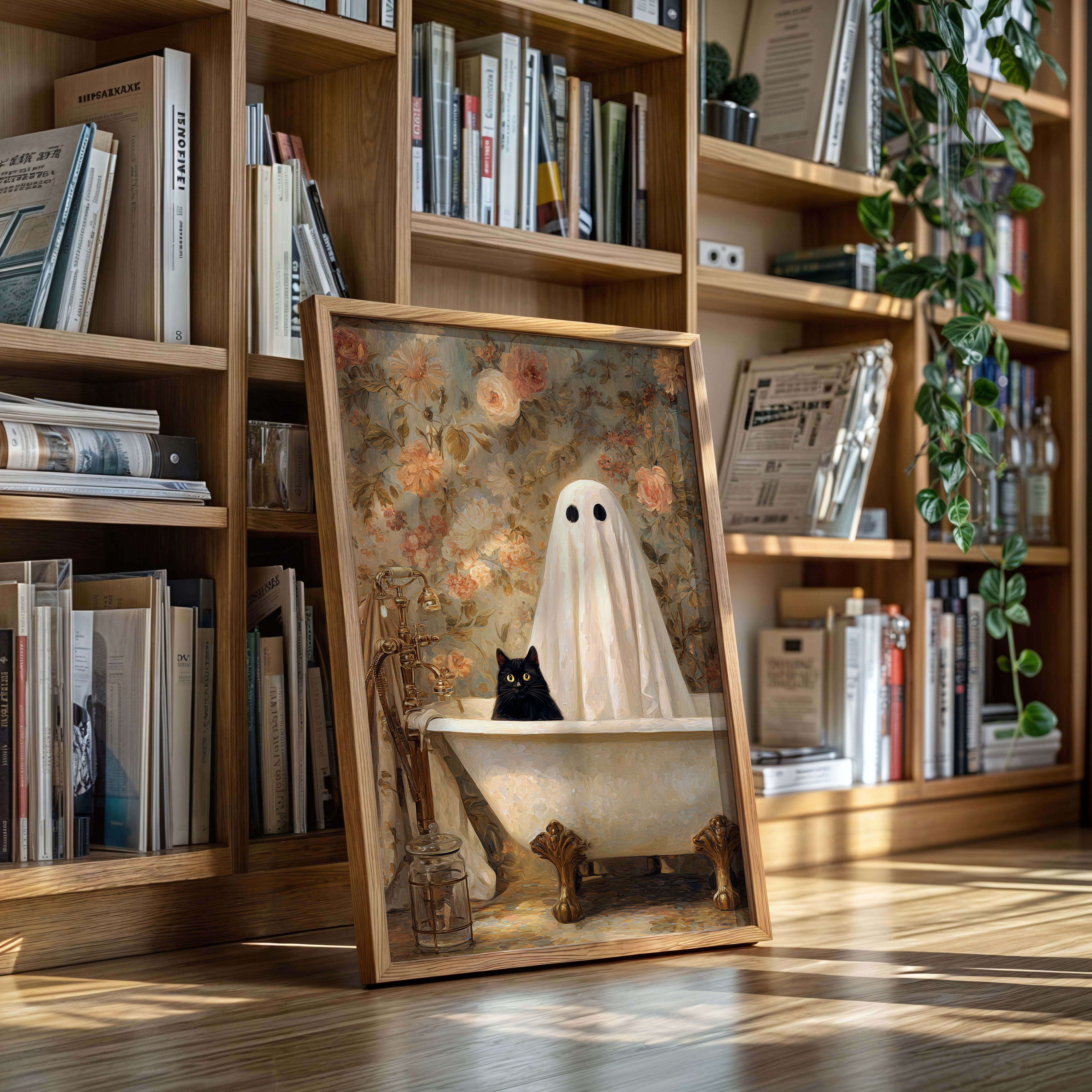 Ghostly Cat In Bathtub Canvas - Whimsical Vintage Art - Gallery Canvas image 10