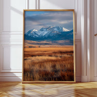 Golden Grasses Beneath Snowy Peaks