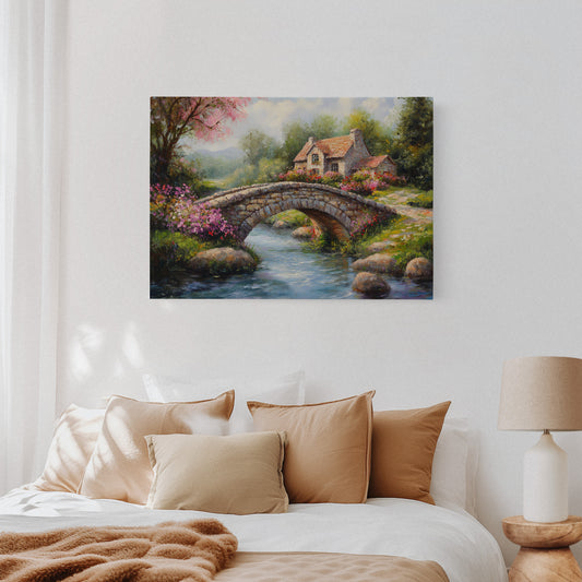 Roses Bloom By Ancient Stone Bridge