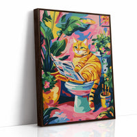 Feline Literary Moment in Vibrant Jungle