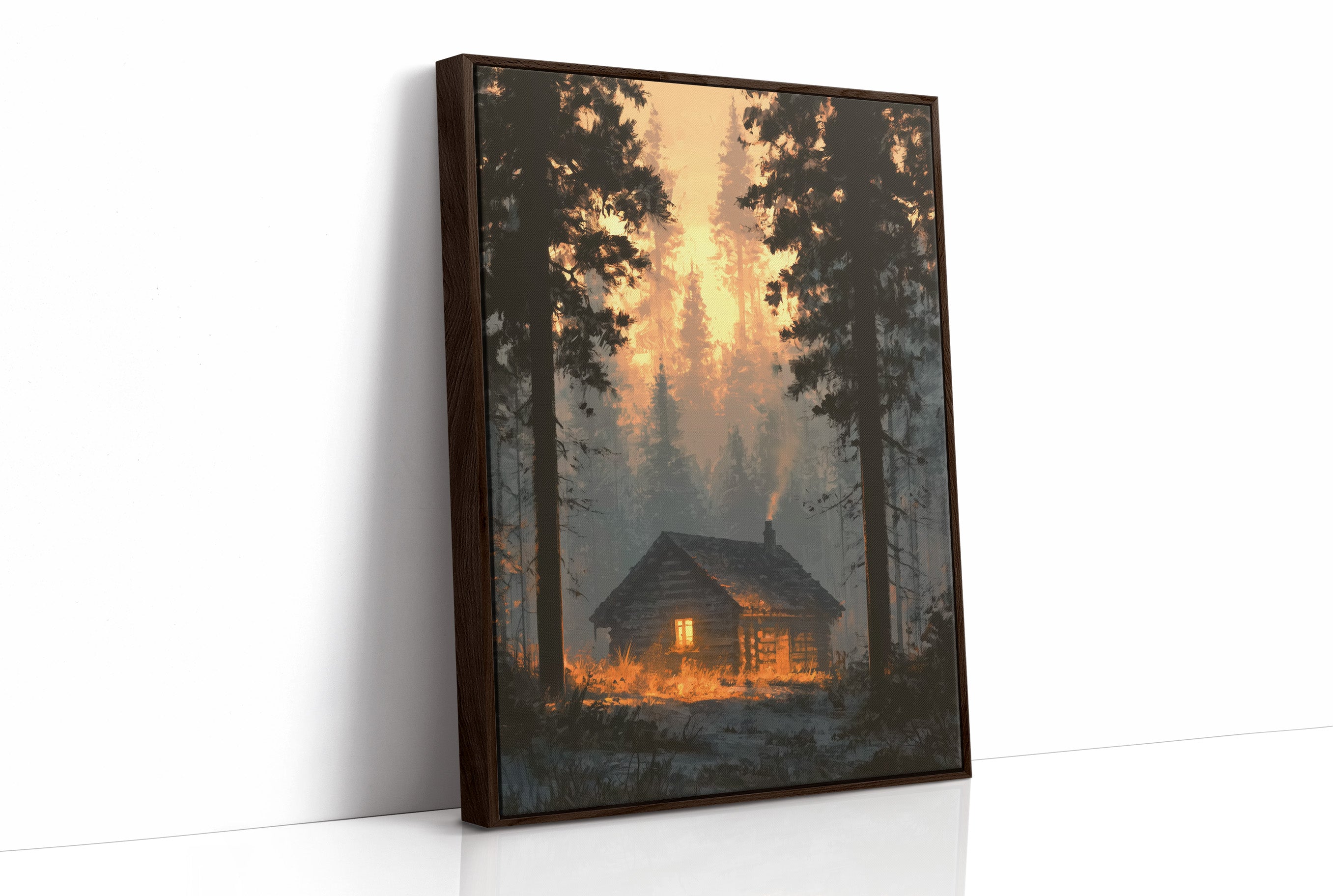 Cabin Glowing In Forest Fire Light