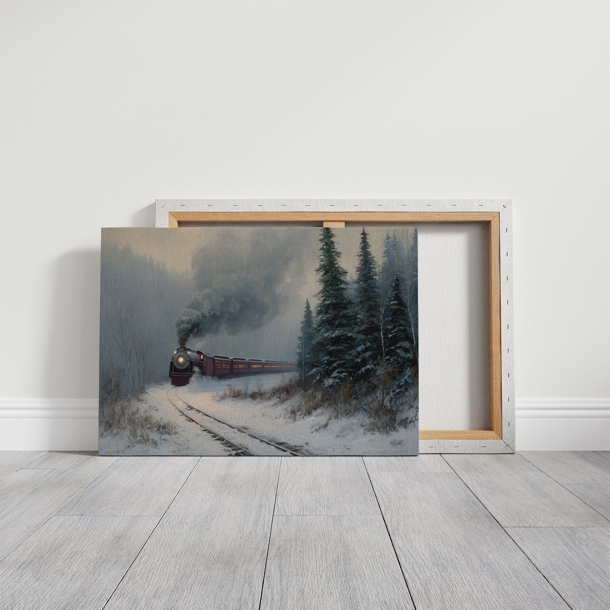 Winter Steam Curves Through Pine Forest