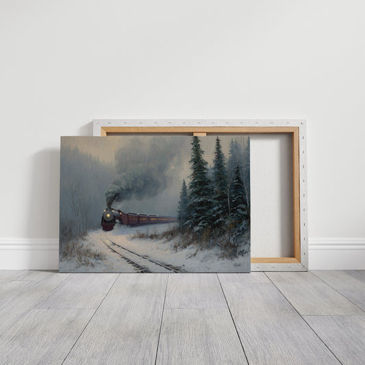 Winter Steam Curves Through Pine Forest