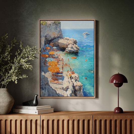 Orange Umbrellas Line Mediterranean Shores