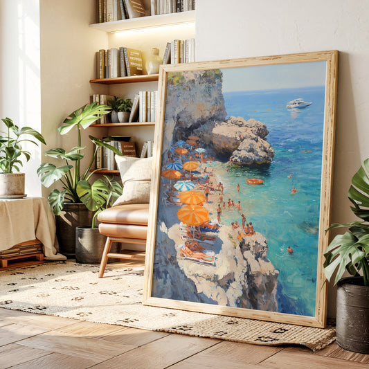 Orange Umbrellas Line Mediterranean Shores